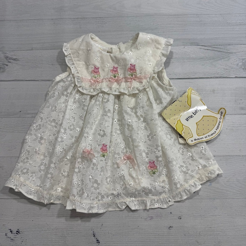 Little Bitty baby girls white lace pink flower dress 6/9 months NEW